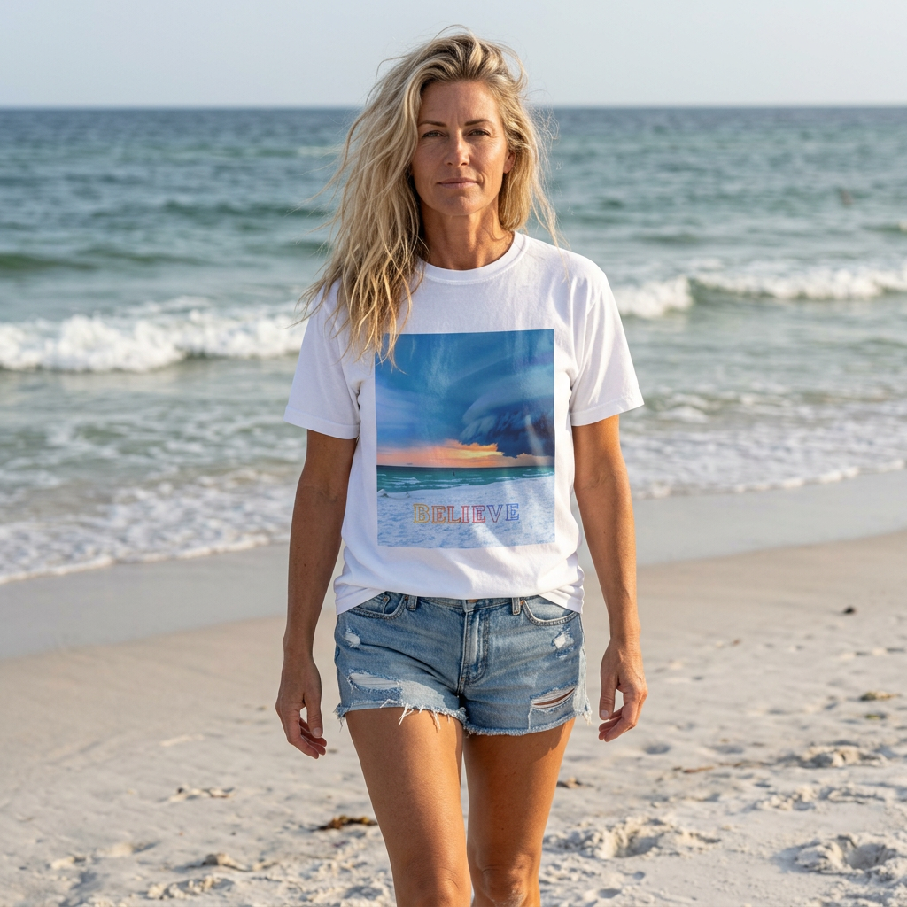 Stormy Beach Photo T-Shirt — Ocean Sunset Waves Graphic Tee
