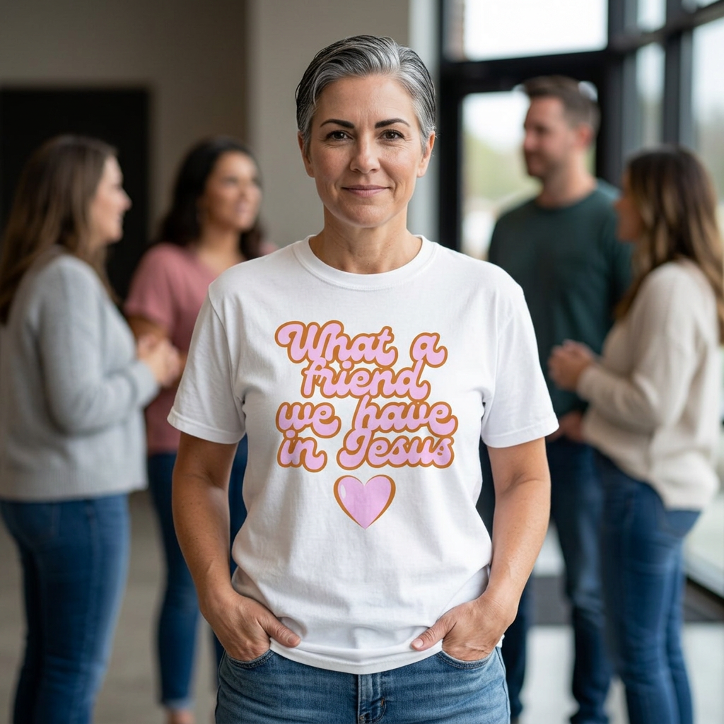 What a Friend We Have in Jesus T-Shirt — Retro Pink Heart Christian Tee