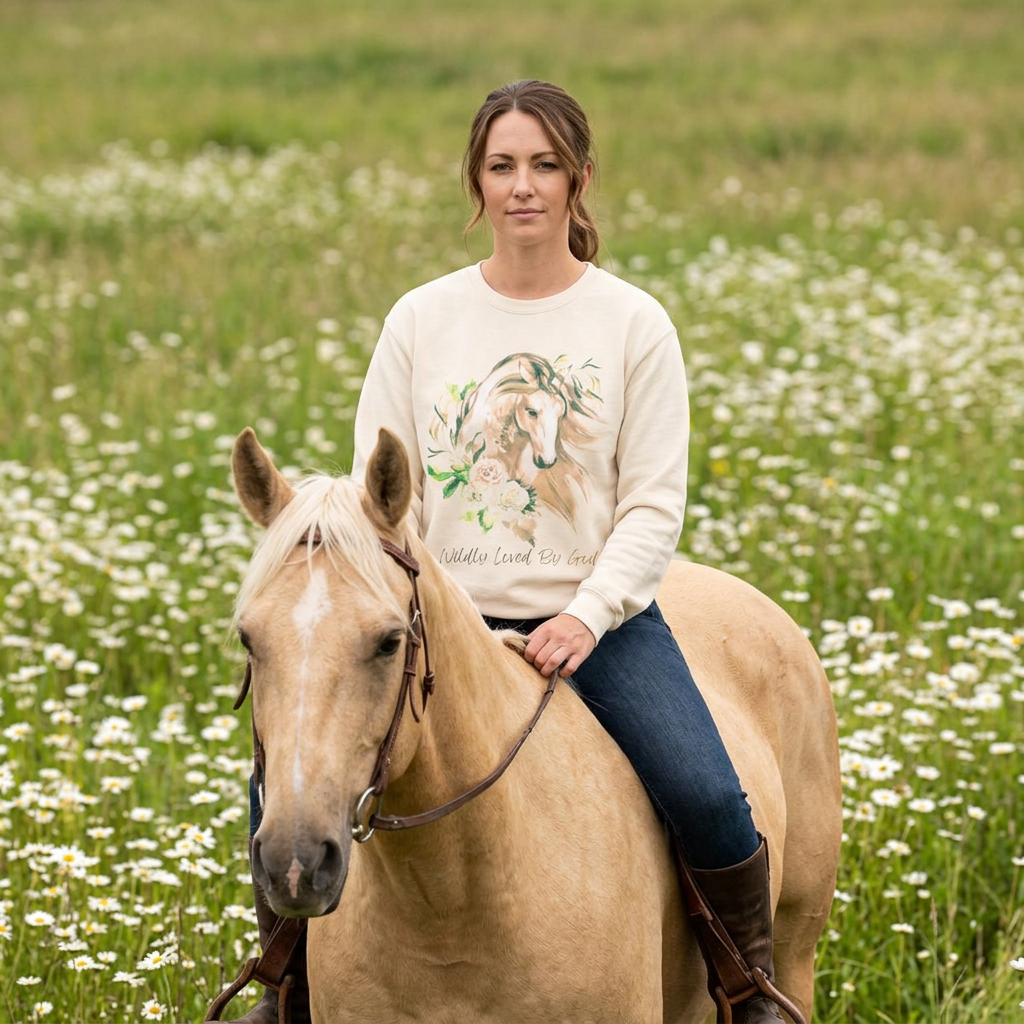 Wildly loved by God Horse Floral Crewneck Sweatshirt — Gentle Mare Watercolor Design