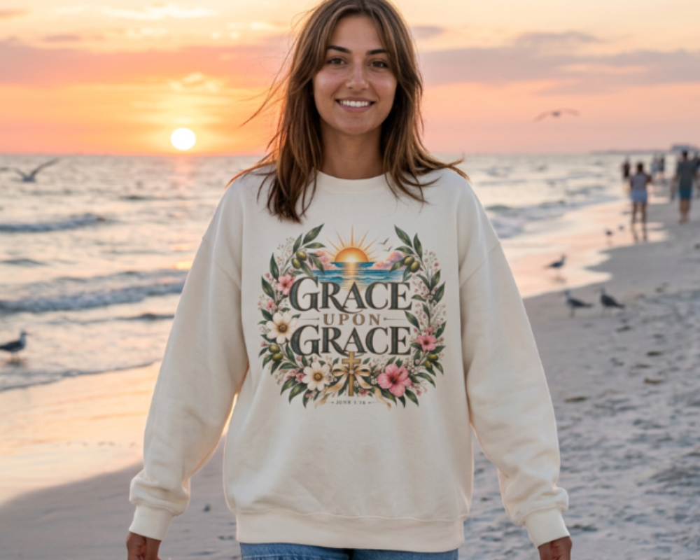 Crewneck Sweatshirt — "Grace Upon Grace" Floral Sunrise Inspirational Pullover