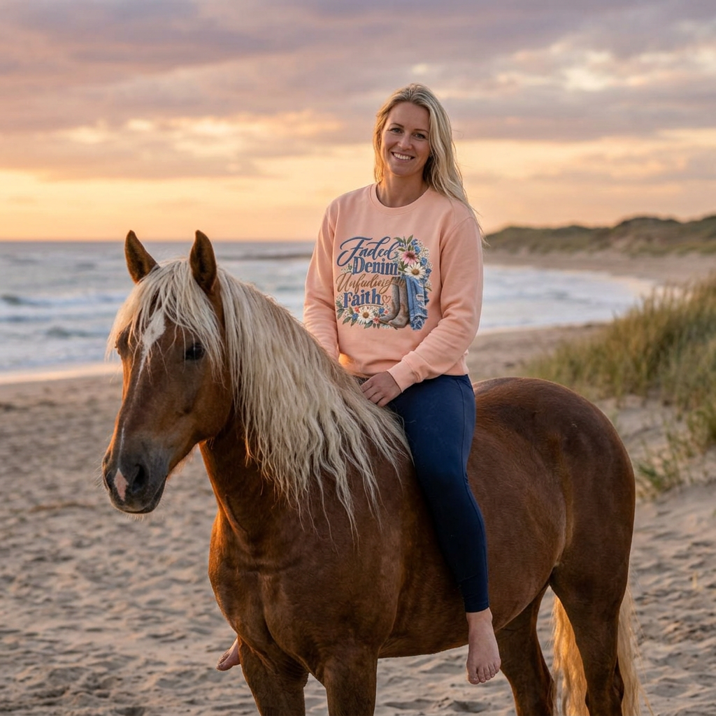 Faded Denim, Unfading Faith Sweatshirt — Floral Cowboy Boots Crewneck