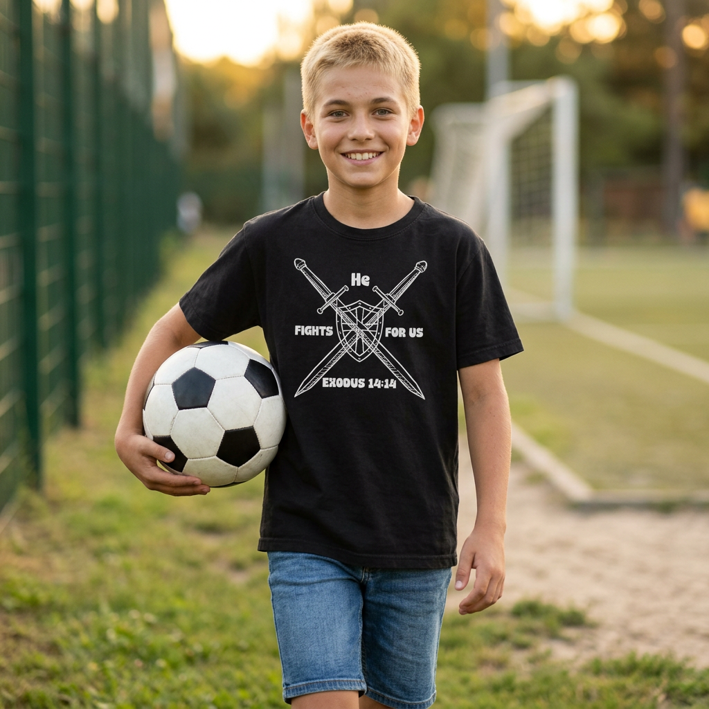 He Fights For Us Christian Youth T-Shirt — Blank White Midweight Tee (Kids')
