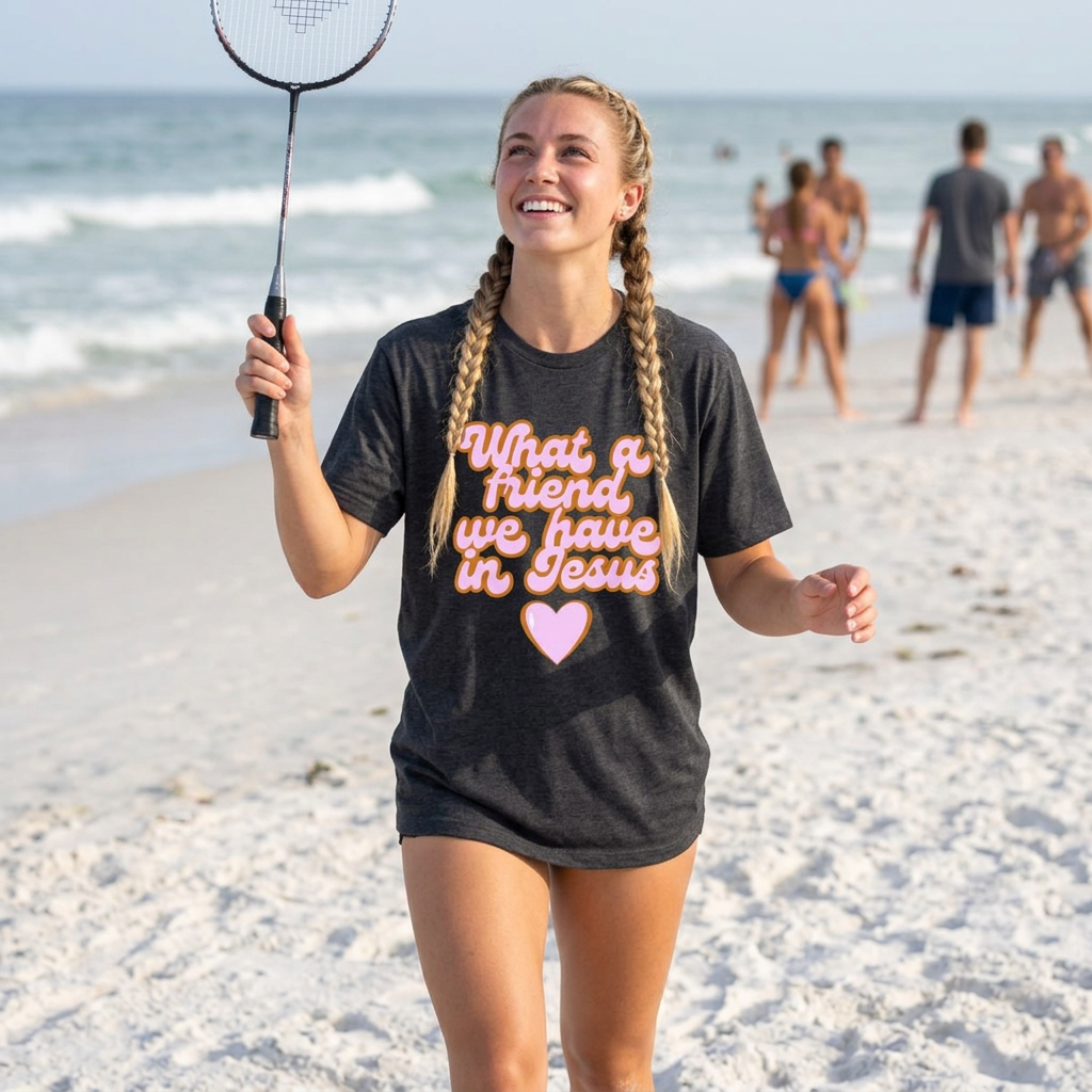 What a Friend We Have in Jesus Long Sleeve Tee — Retro Pink Script Christian Shirt