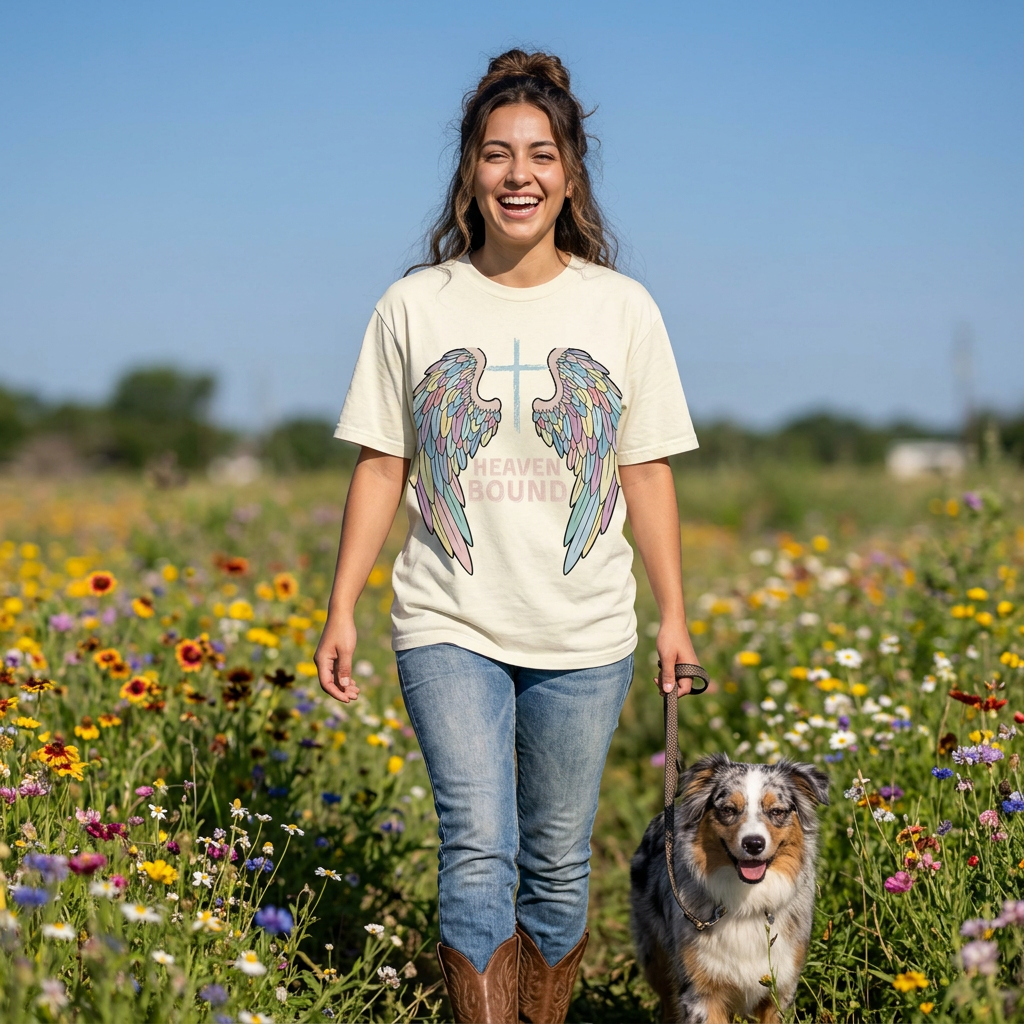 Pastel Angel Wings with Cross “Heaven Bound” Christian Graphic Tee
