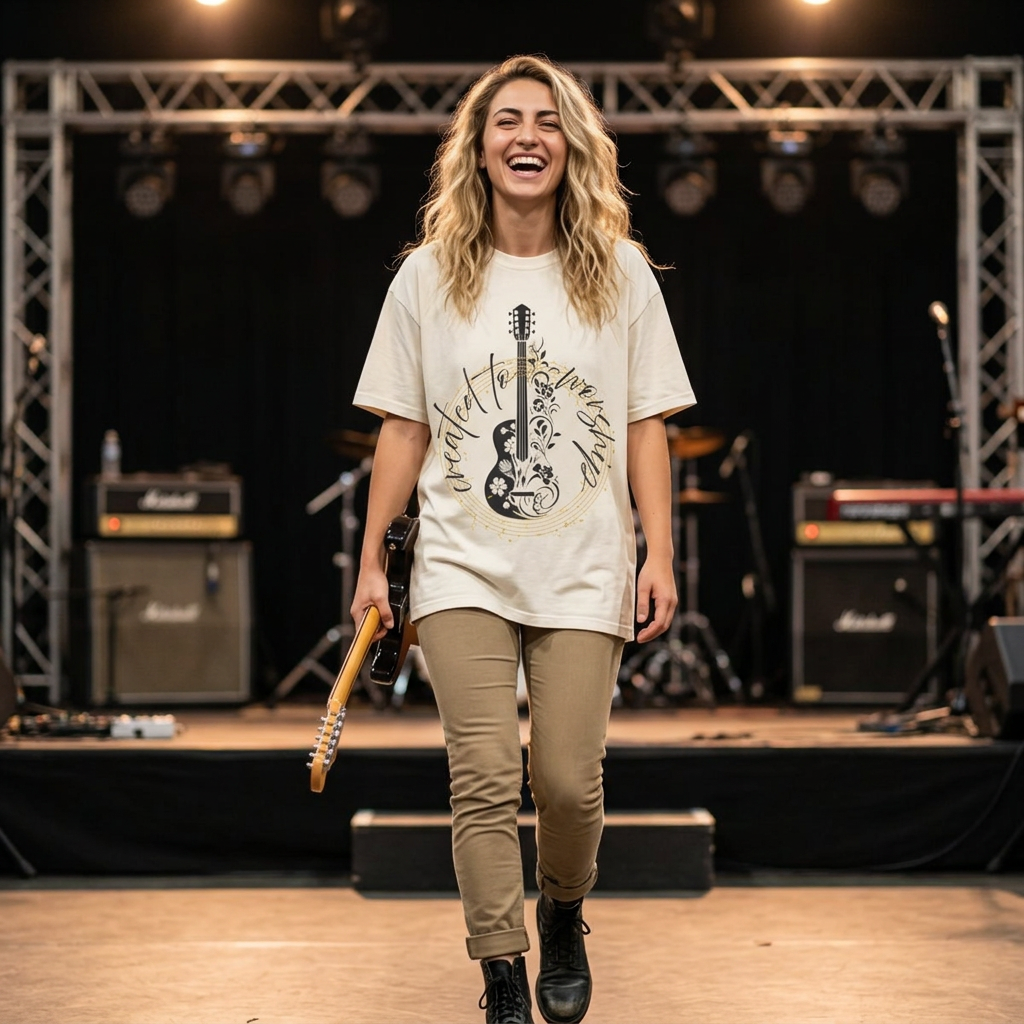 Acoustic Guitar Floral Tee — "Create to Worship" Garment-Dyed T-Shirt