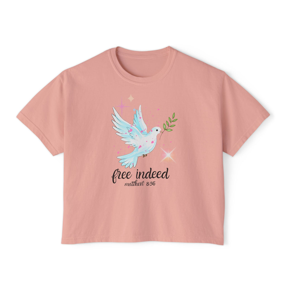 Free Indeed Dove Tee — Christian Women’s Boxy T‑Shirt (Matthew 8:36)