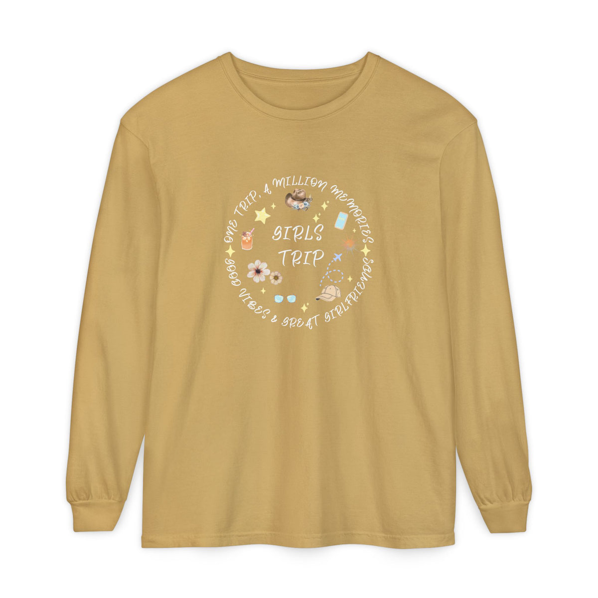 Long Sleeve T‑Shirt — Cute Girls Trip Circle: Sunglasses, Flowers & Sun Vibes