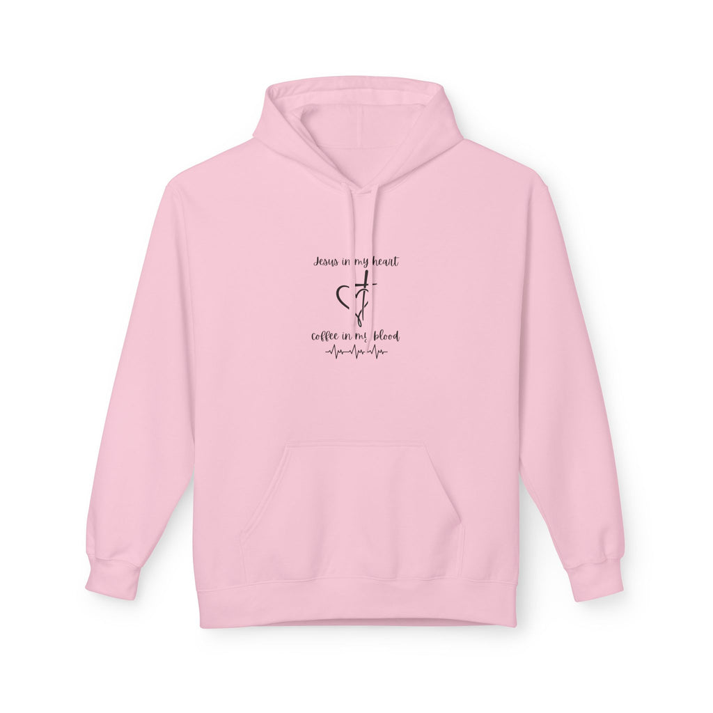 Minimalist Cross & Heart Hoodie — 'Jesus in my heart, coffee in my blood' Christian Faith Pullover