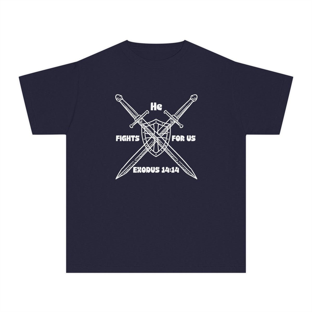 He Fights For Us Christian Youth T-Shirt — Blank White Midweight Tee (Kids')