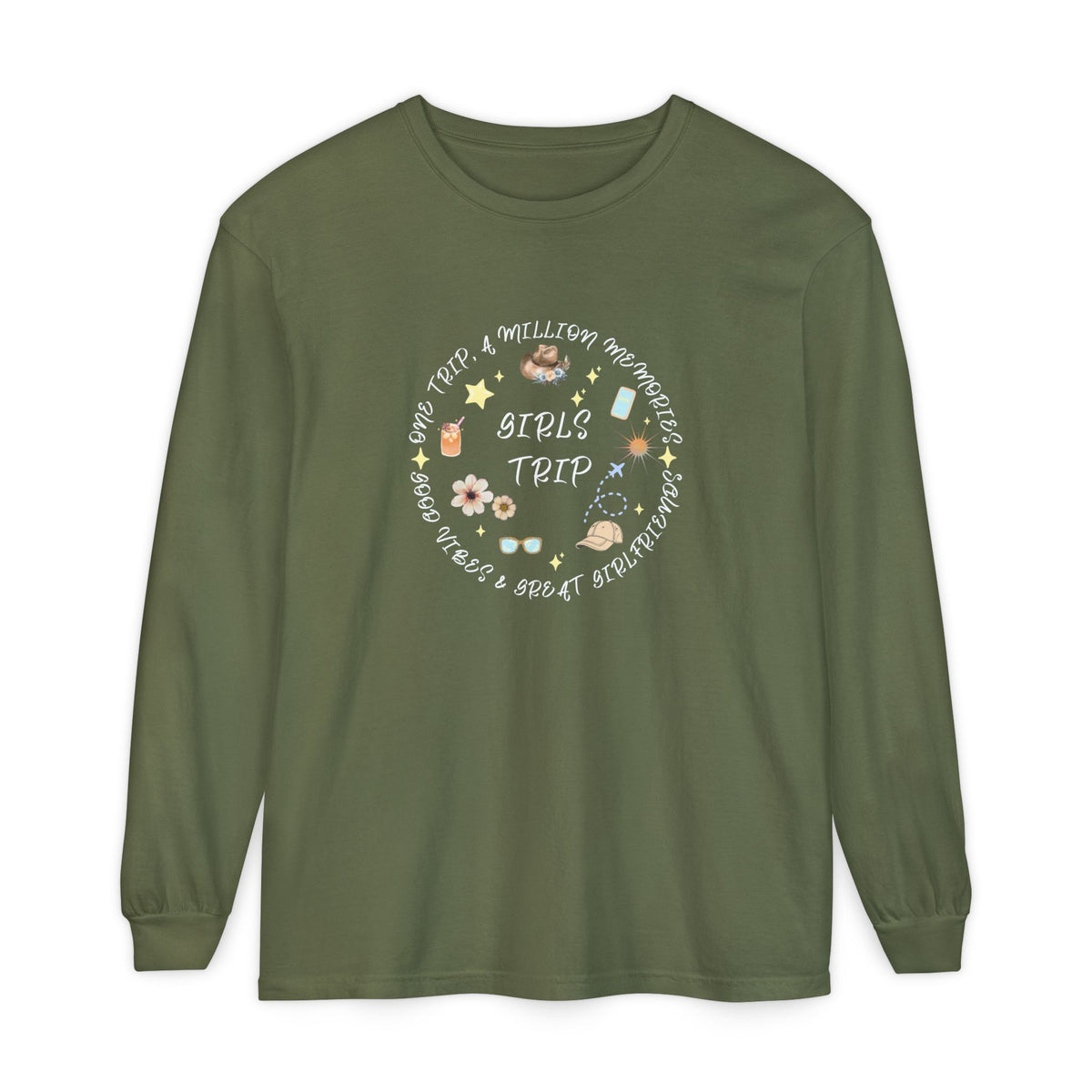 Long Sleeve T‑Shirt — Cute Girls Trip Circle: Sunglasses, Flowers & Sun Vibes