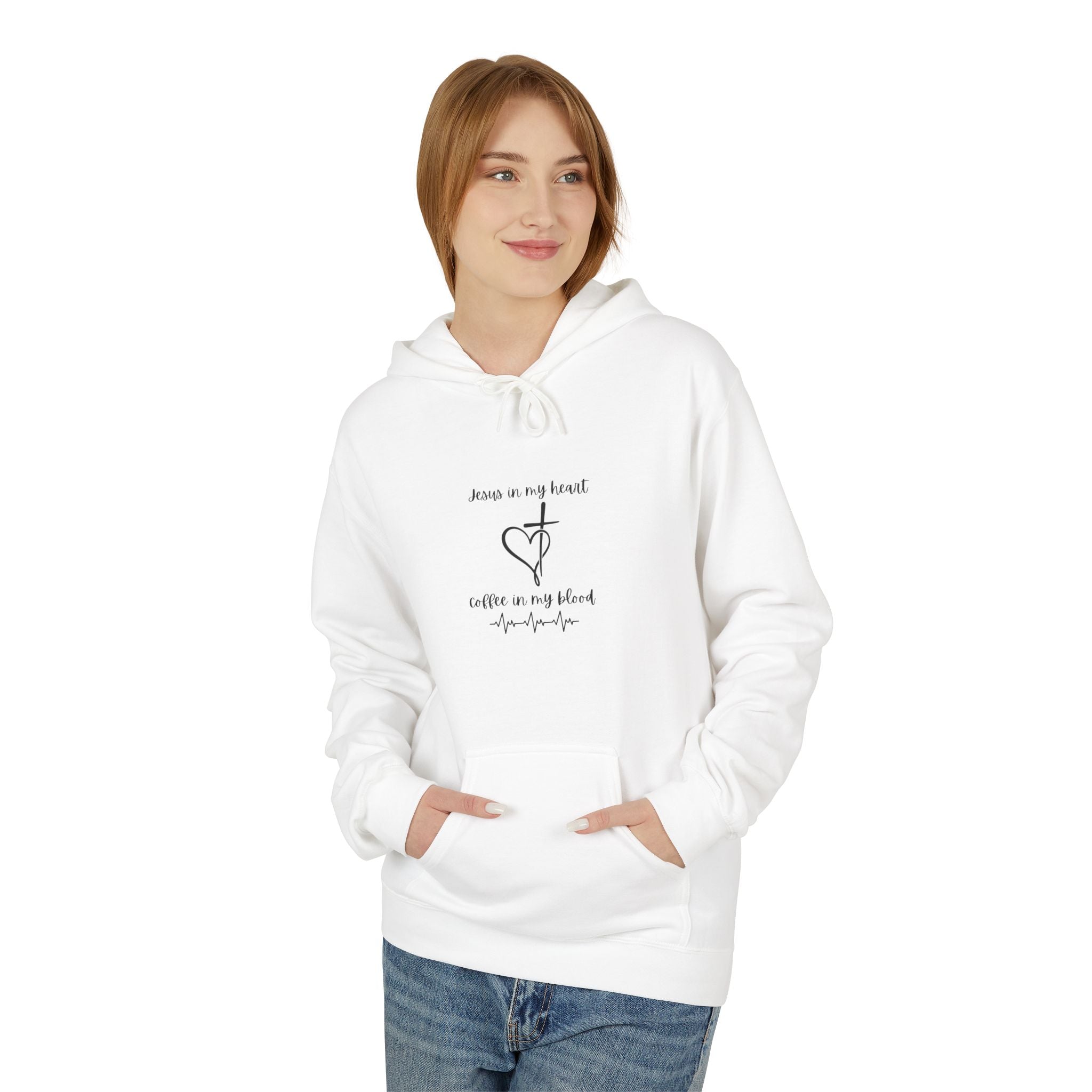 Minimalist Cross & Heart Hoodie — 'Jesus in my heart, coffee in my blood' Christian Faith Pullover