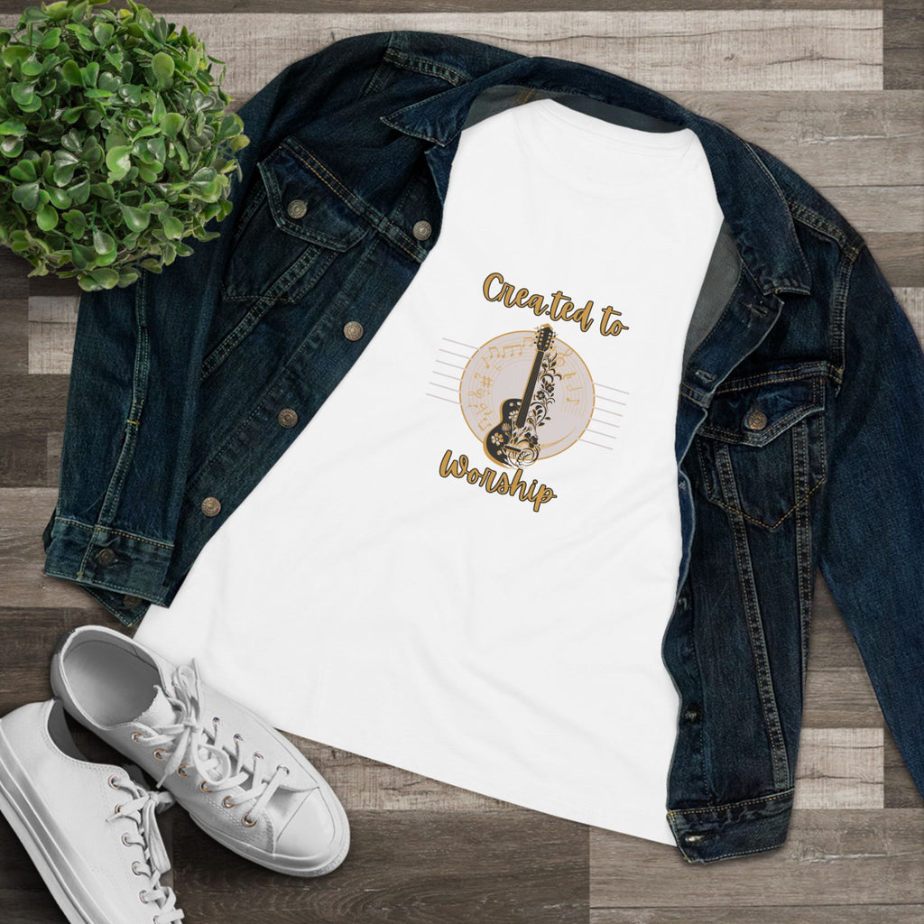 Women's Tee — "Created to Worship" Floral Guitar Christian Music Shirt