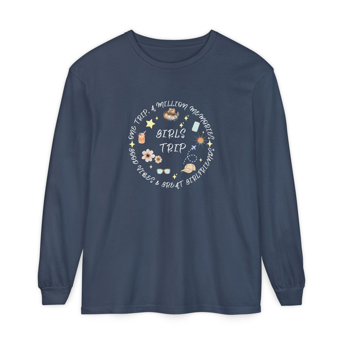 Long Sleeve T‑Shirt — Cute Girls Trip Circle: Sunglasses, Flowers & Sun Vibes