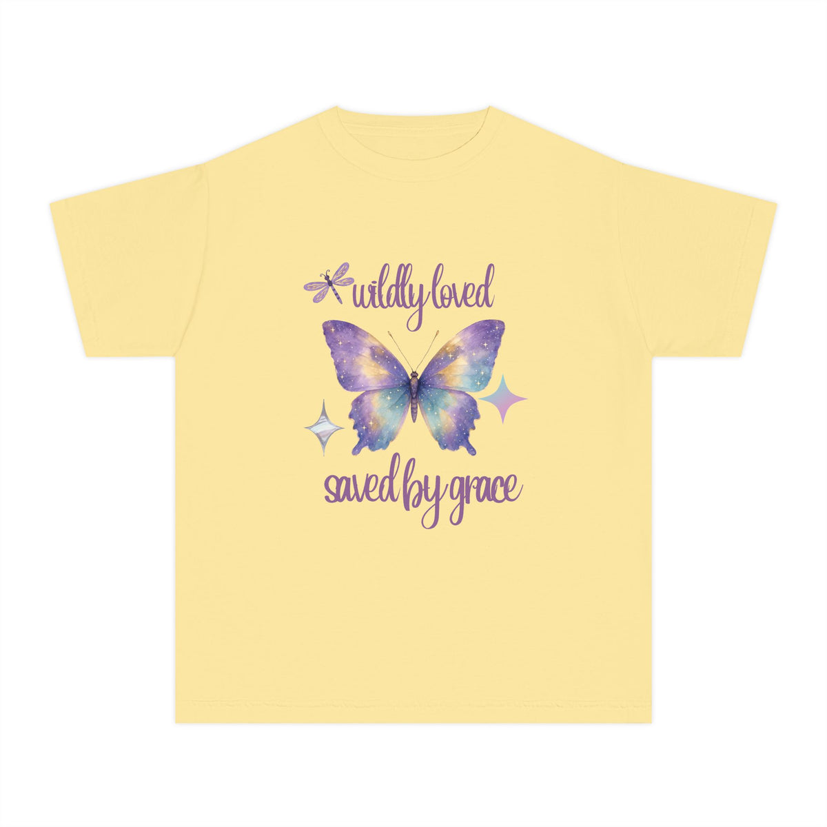 Youth Butterfly Tee — "Wildly Loved, Saved by Grace" Christian Graphic Shirt
