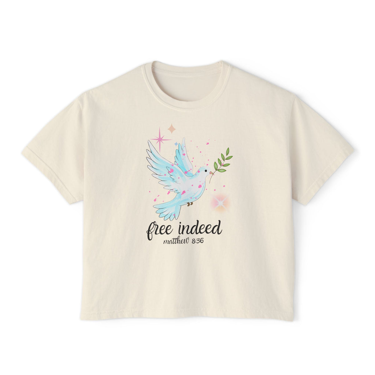 Free Indeed Dove Tee — Christian Women’s Boxy T‑Shirt (Matthew 8:36)