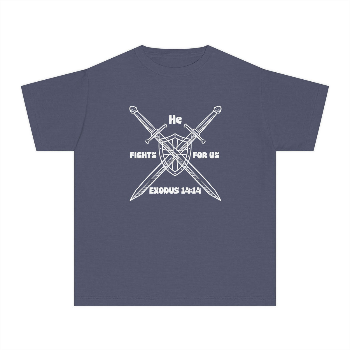 He Fights For Us Christian Youth T-Shirt — Blank White Midweight Tee (Kids')