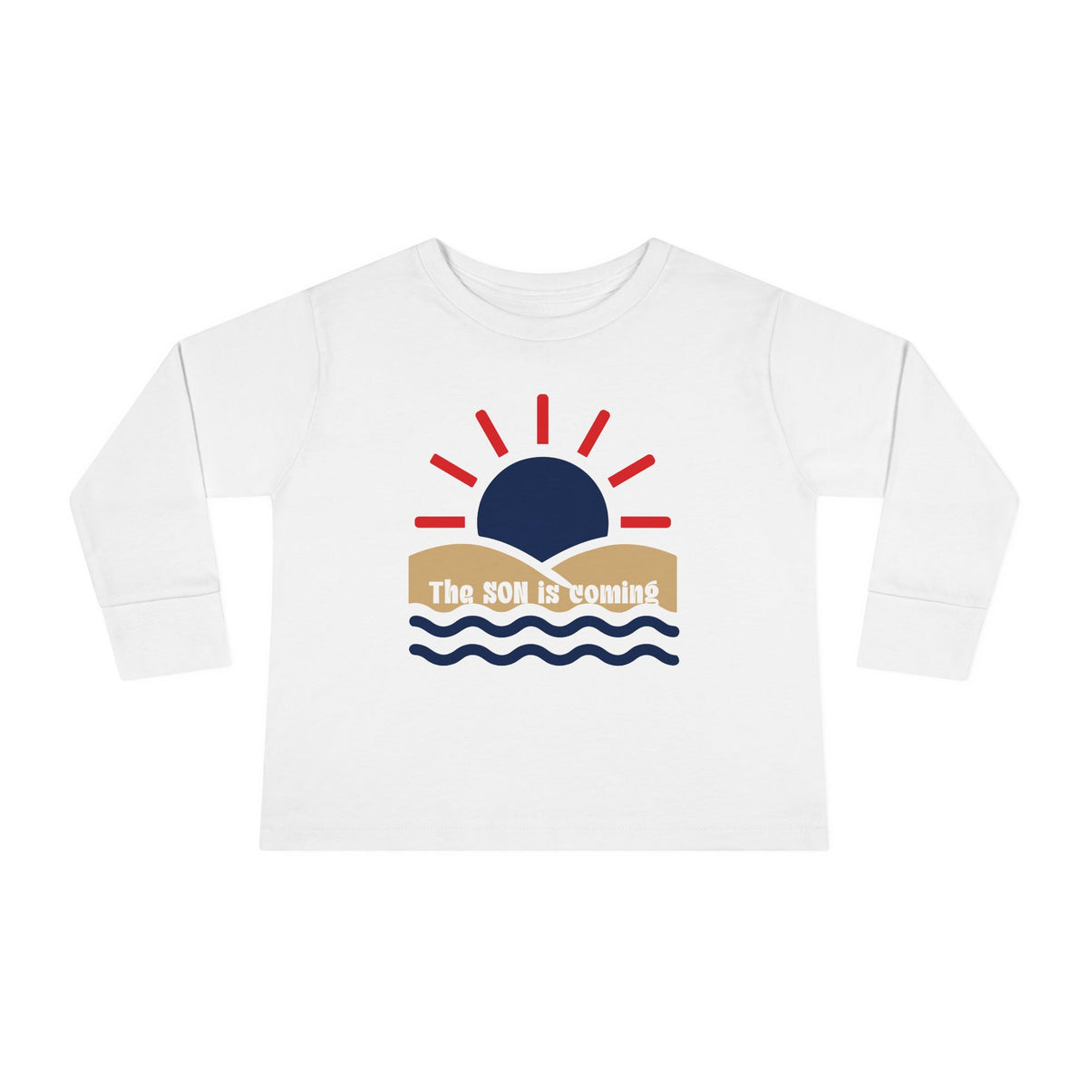 Toddler Long Sleeve Tee — "The Sun Is Coming" Sunset Waves Graphic
