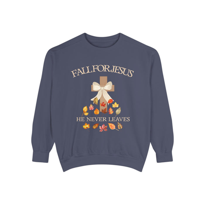 Christian Fall Sweatshirt "Fall for Jesus, He Never Leaves" Autumn sweatshirt