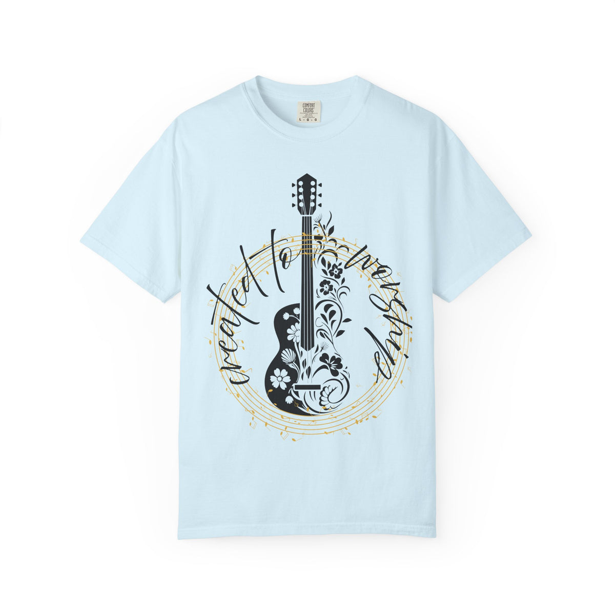 Acoustic Guitar Floral Tee — "Create to Worship" Garment-Dyed T-Shirt