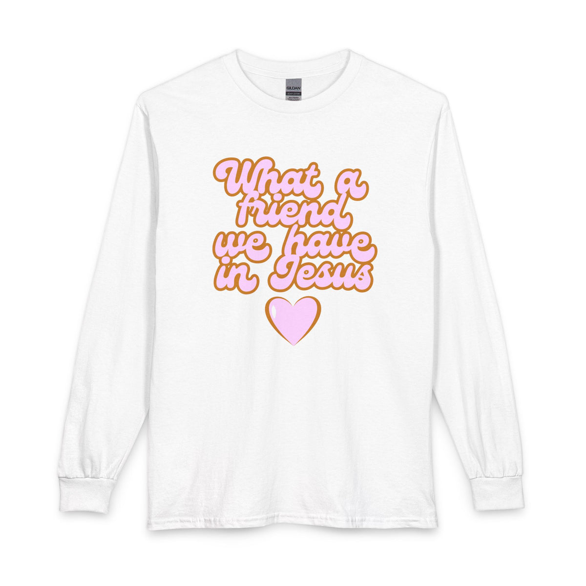 What a Friend We Have in Jesus Long Sleeve Tee — Retro Pink Script Christian Shirt