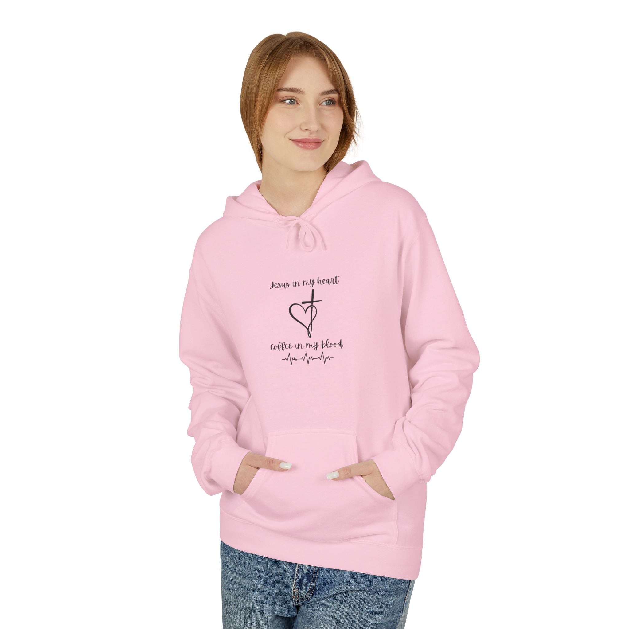 Minimalist Cross & Heart Hoodie — 'Jesus in my heart, coffee in my blood' Christian Faith Pullover
