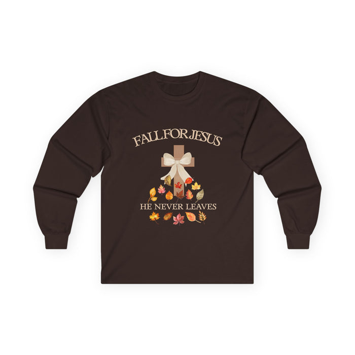 He Never Leaves Cross Long Sleeve Tee — Fall For Jesus Christian Shirt