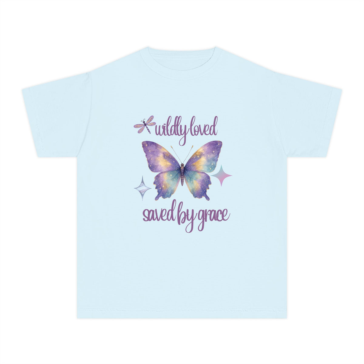 Youth Butterfly Tee — "Wildly Loved, Saved by Grace" Christian Graphic Shirt