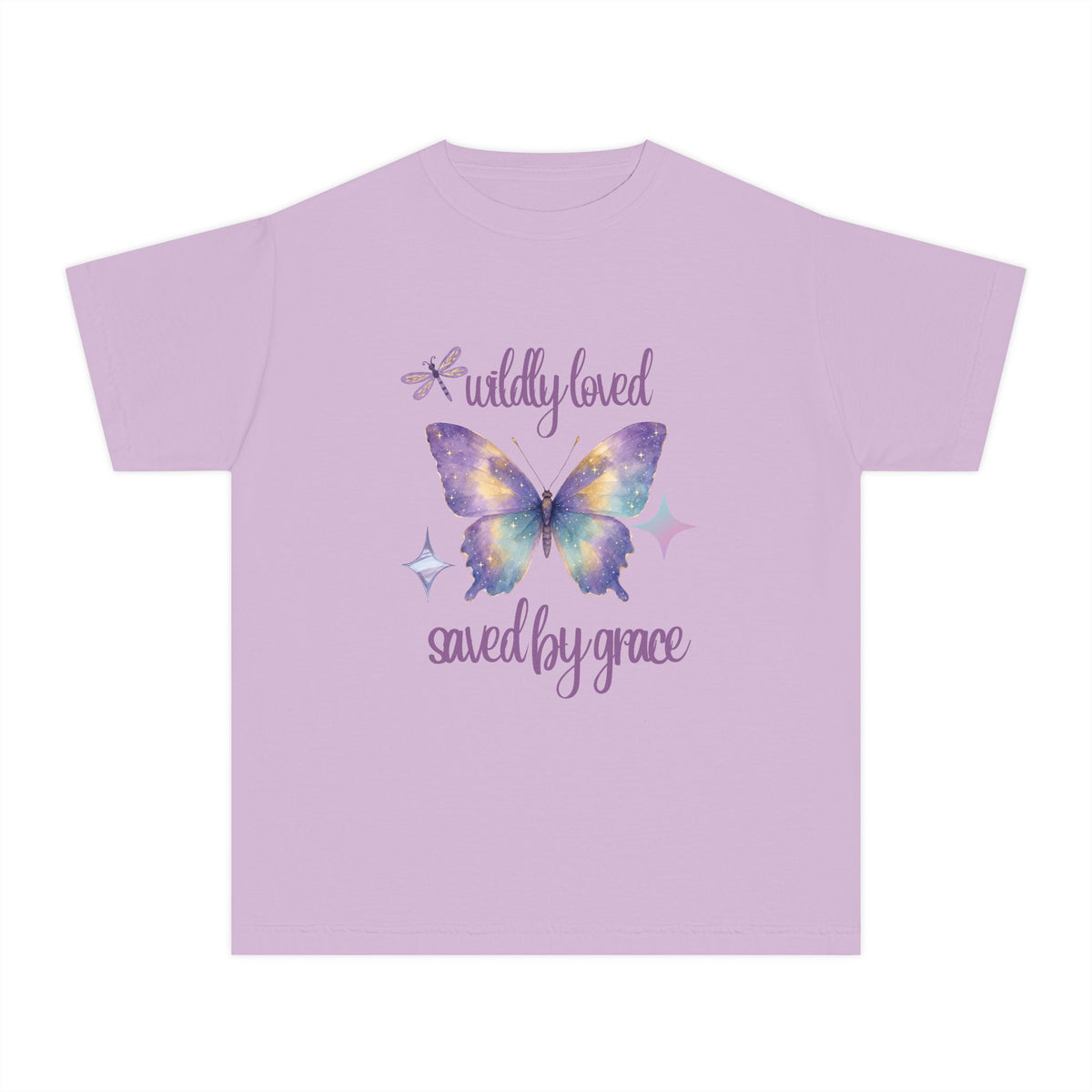 Youth Butterfly Tee — "Wildly Loved, Saved by Grace" Christian Graphic Shirt