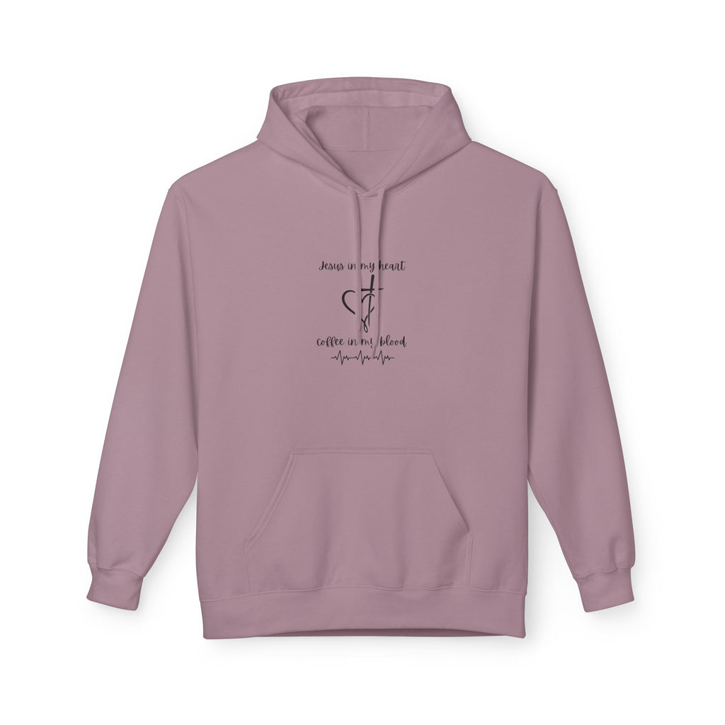 Minimalist Cross & Heart Hoodie — 'Jesus in my heart, coffee in my blood' Christian Faith Pullover