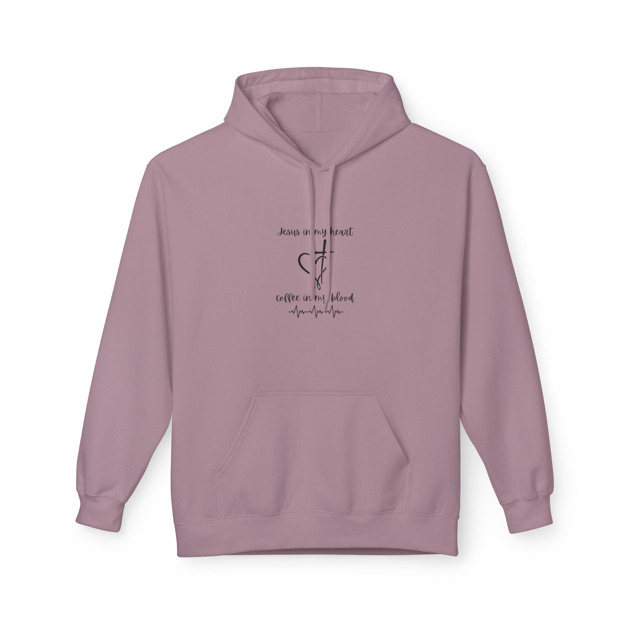 Minimalist Cross & Heart Hoodie — 'Jesus in my heart, coffee in my blood' Christian Faith Pullover