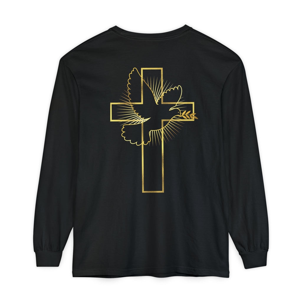 Christian Cross Long Sleeve Tee — Gold Foil Faith Design