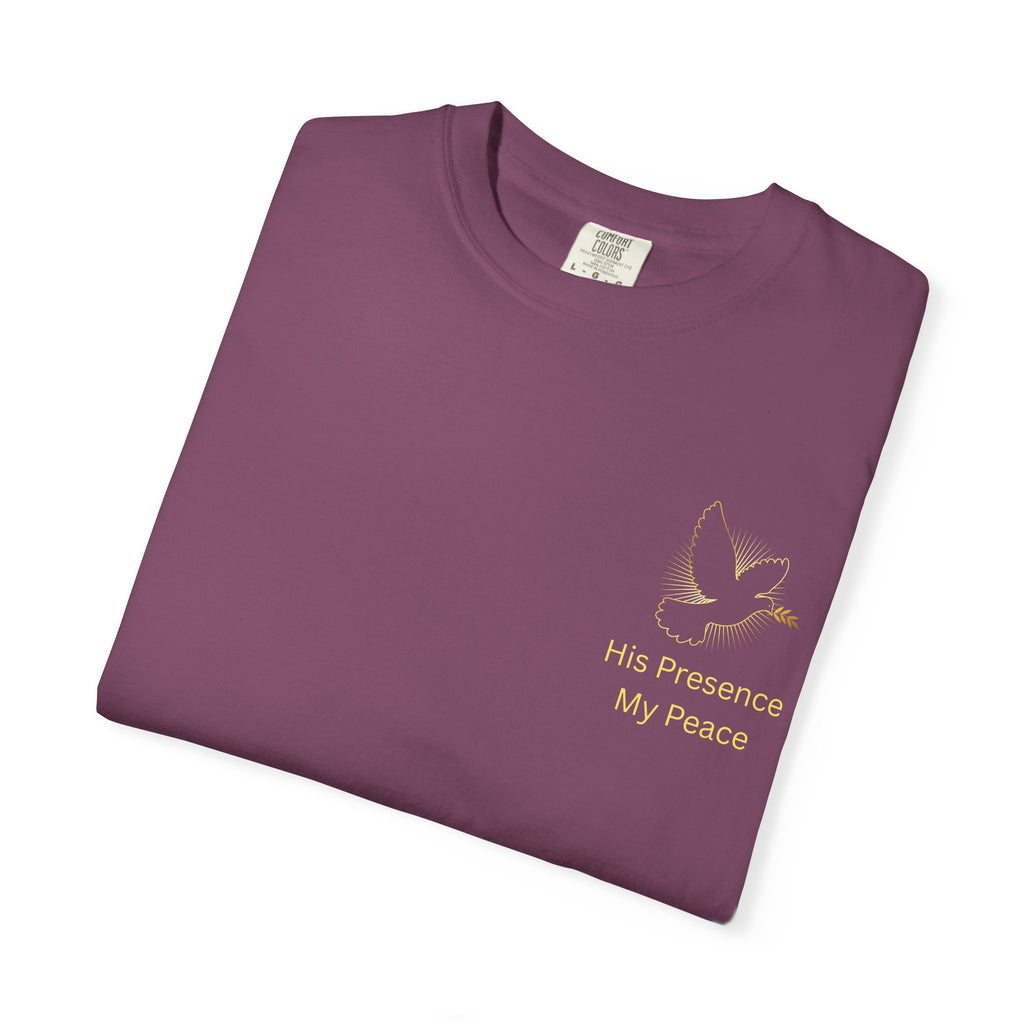 Christian Dove Cross T-Shirt — "His Presence My Peace" Garment-Dyed Tee